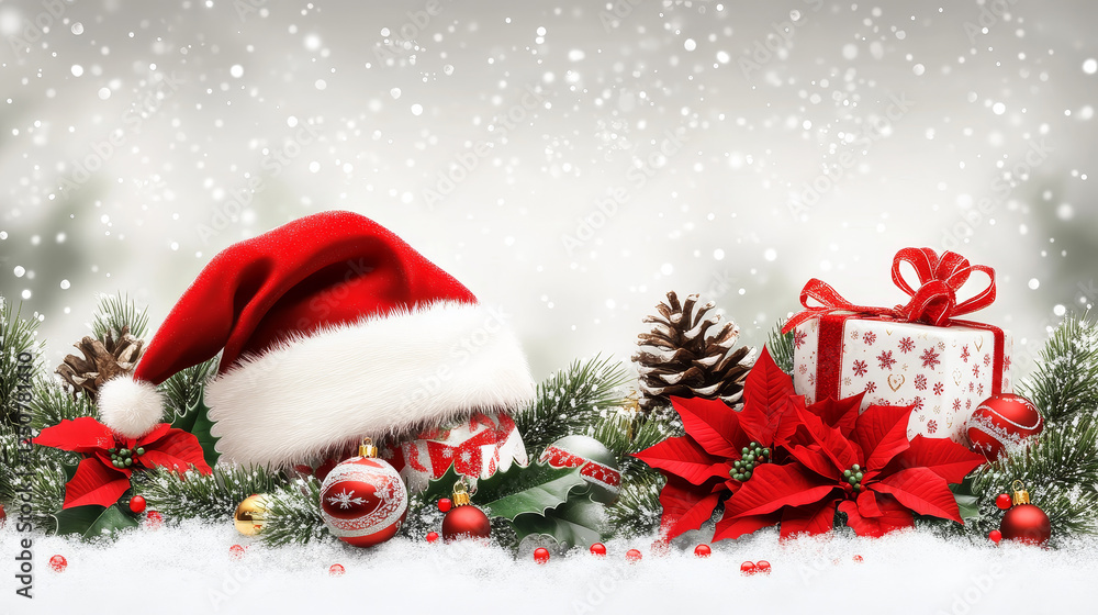 Merry Christmas icon of Santa hat and holly wreath in snow. Vector isolated Xmas gifts and poinsettia ornament with fir cones on white snow background for winter holiday greeting design Merry Christmas icon of Santa hat and holly wreath in snow. Vector isolated Xmas gifts and poinsettia ornament with fir cones on white snow background for winter holiday greeting design