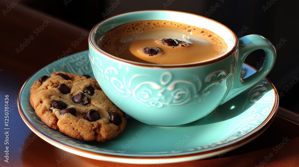 Freshly Brewed Coffee and Chocolate Chip Cookie on a Saucer Freshly Brewed Coffee and Chocolate Chip Cookie on a Saucer