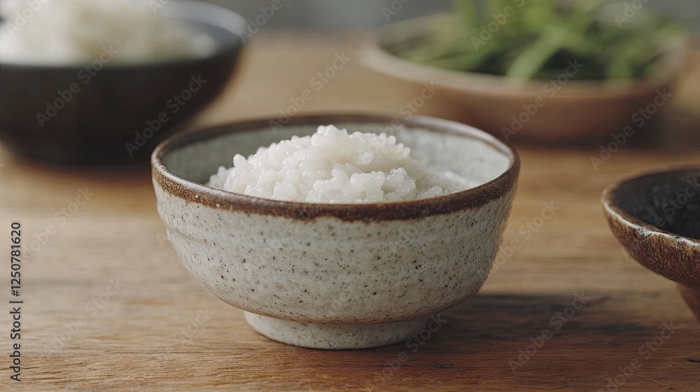 A close-up of a small bowl containing a tablespoon of rice porridge. A close-up of a small bowl containing a tablespoon of rice porridge.