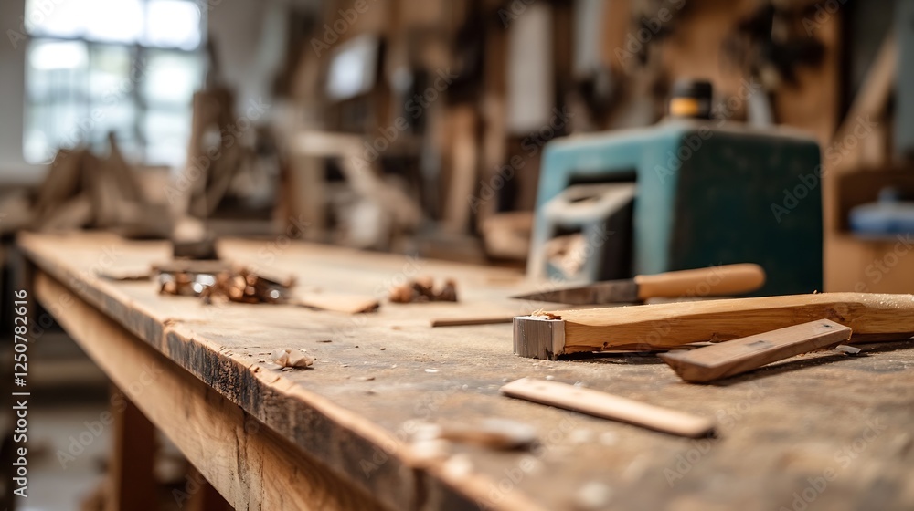 Artistic Focus on a Woodworking Shop Bench Filled with Tools and Sawdust Indicating Craftsmanship : Generative AI Artistic Focus on a Woodworking Shop Bench Filled with Tools and Sawdust Indicating Craftsmanship : Generative AI
