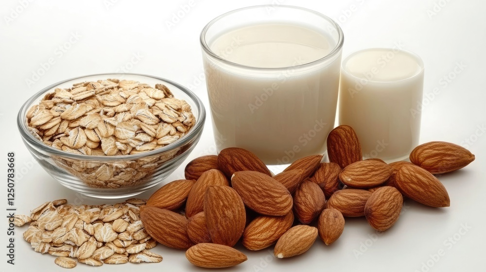 A flat lay of various dairy-free milk sources, including oats and almonds. A flat lay of various dairy-free milk sources, including oats and almonds.