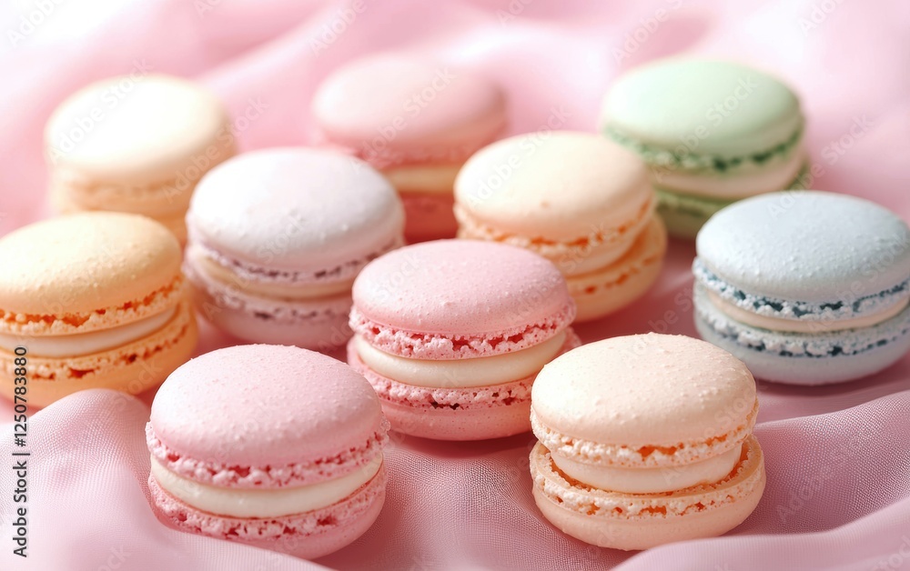 Delicate French macarons in pastel colors placed neatly on a soft pastel pink background Delicate French macarons in pastel colors placed neatly on a soft pastel pink background