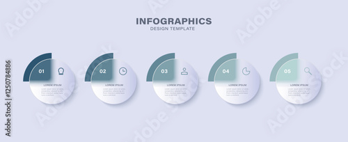 Glass morphism vector infographic design template with 5 steps, parts or options
