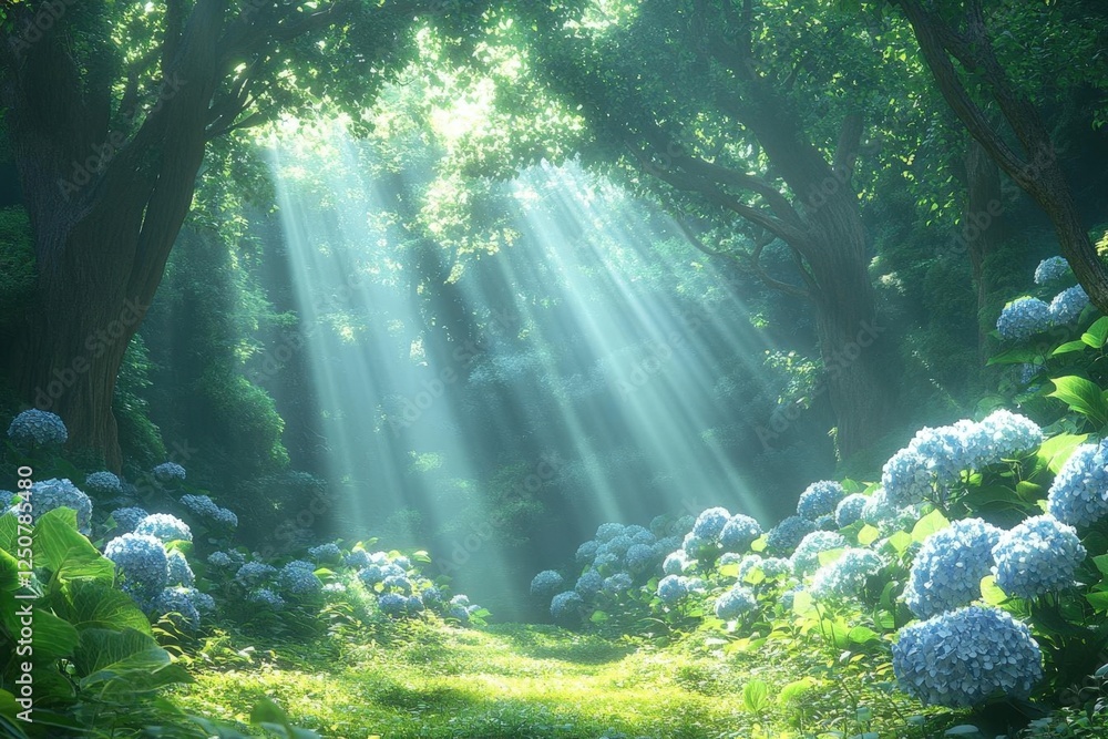 Obraz premium Sunlight Streams Through Forest Trees On Meadow With Hydrangeas