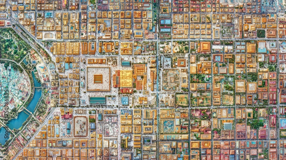 Fototapeta premium Aerial View of Historical City Layout with Colorful Buildings and Parks