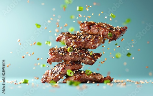 flying sizzling Korean-style galbi steak with splashes of sesame soy glaze on a pastel blue background photo