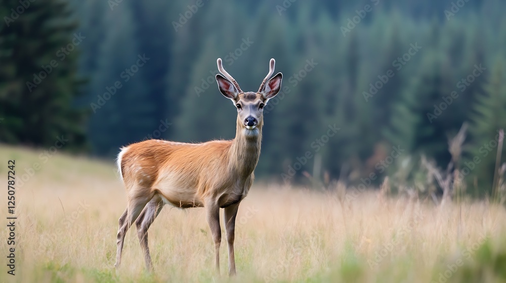 Majestic wildlife portrait of a deer standing gracefully in a field surrounded by lush forests : Generative AI Majestic wildlife portrait of a deer standing gracefully in a field surrounded by lush forests : Generative AI