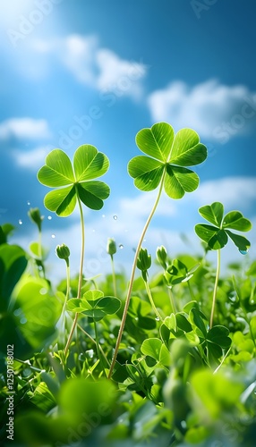 Vibrant Four-Leaf Clovers Against Bright Blue Sky Mobile Wallpaper