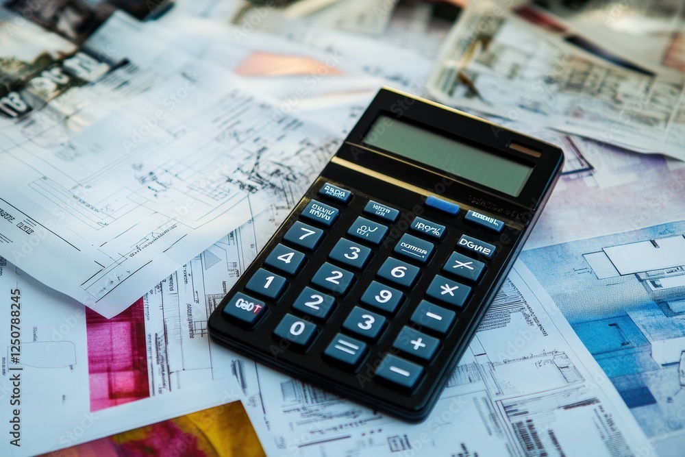 Calculator balances home renovation plans and budgeting on scattered blueprints. Generative AI Calculator balances home renovation plans and budgeting on scattered blueprints. Generative AI