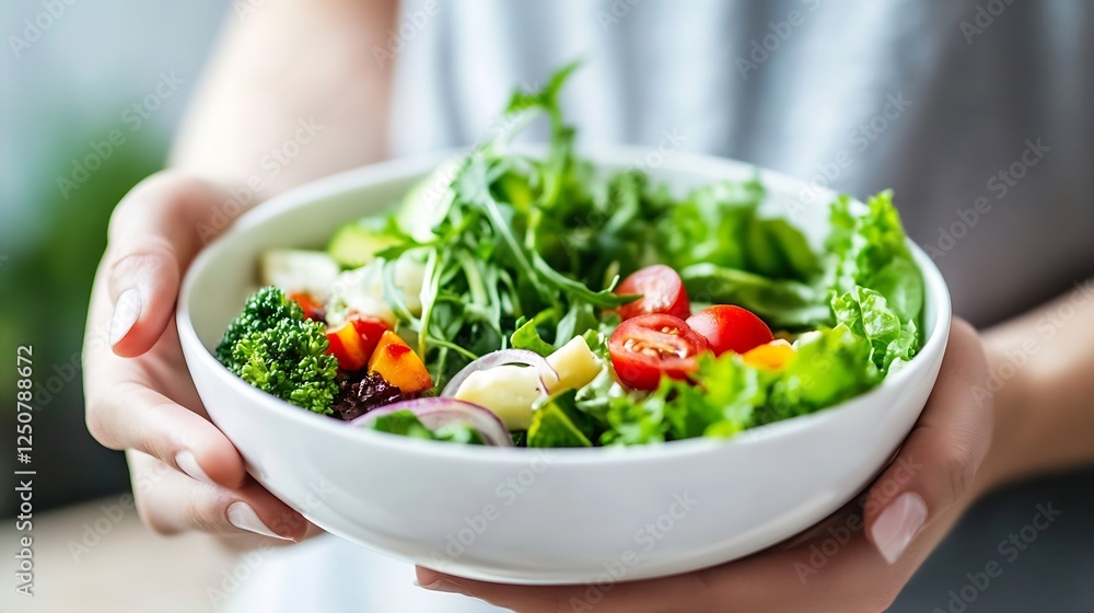 Person holding a bowl of fresh vegetables and salad ingredients with care : Generative AI Person holding a bowl of fresh vegetables and salad ingredients with care : Generative AI