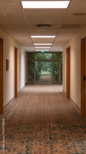 Empty Office Corridor With Greenery View