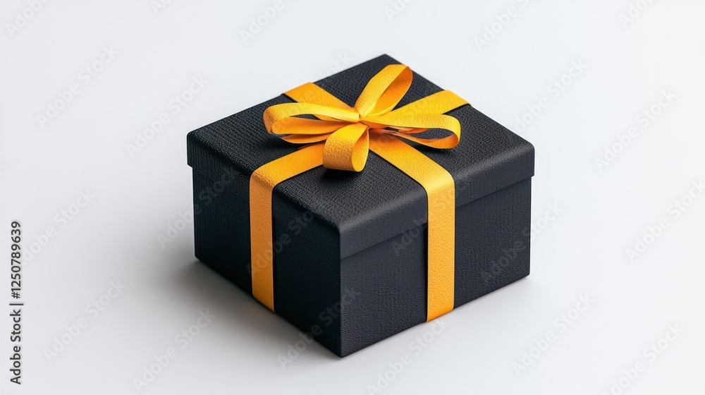 Black Gift Box with Yellow Ribbon on White Background Black Gift Box with Yellow Ribbon on White Background