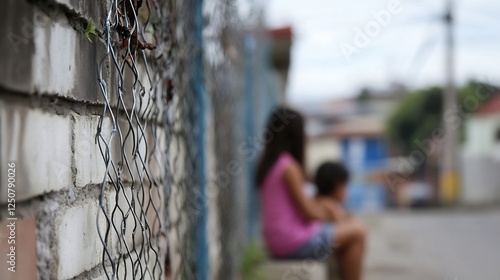 Two children sitting closely together against a blurred urban background on a quiet street : Generative AI photo