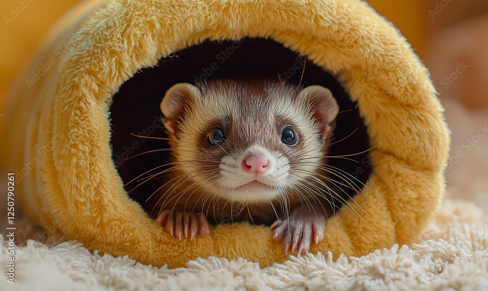 A curious ferret peeks out from a cozy, yellow blanket, displaying its adorable features and playful nature. A curious ferret peeks out from a cozy, yellow blanket, displaying its adorable features and playful nature.