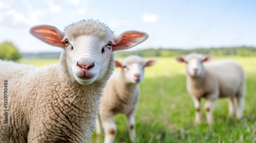 Group of fluffy sheep peacefully grazing in a lush green field under clear blue skies : Generative AI Group of fluffy sheep peacefully grazing in a lush green field under clear blue skies : Generative AI
