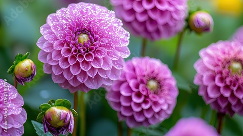 Delicate Pink Dahlias with Water Droplets in Morning Light