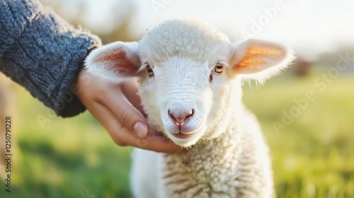 Caring gentle hand petting a cute fluffy lamb on a sunny day in an open field : Generative AI photo