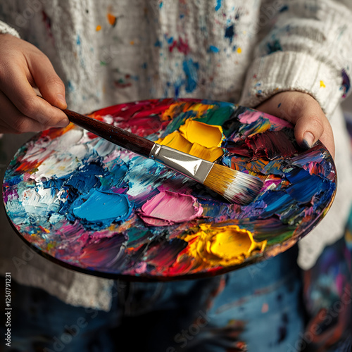 Wallpaper Mural A Palette of Creativity: Close-up shot of an artist's hand holding a paintbrush and palette, brimming with vibrant, textured oil paints. The colors dance on the palette. Torontodigital.ca