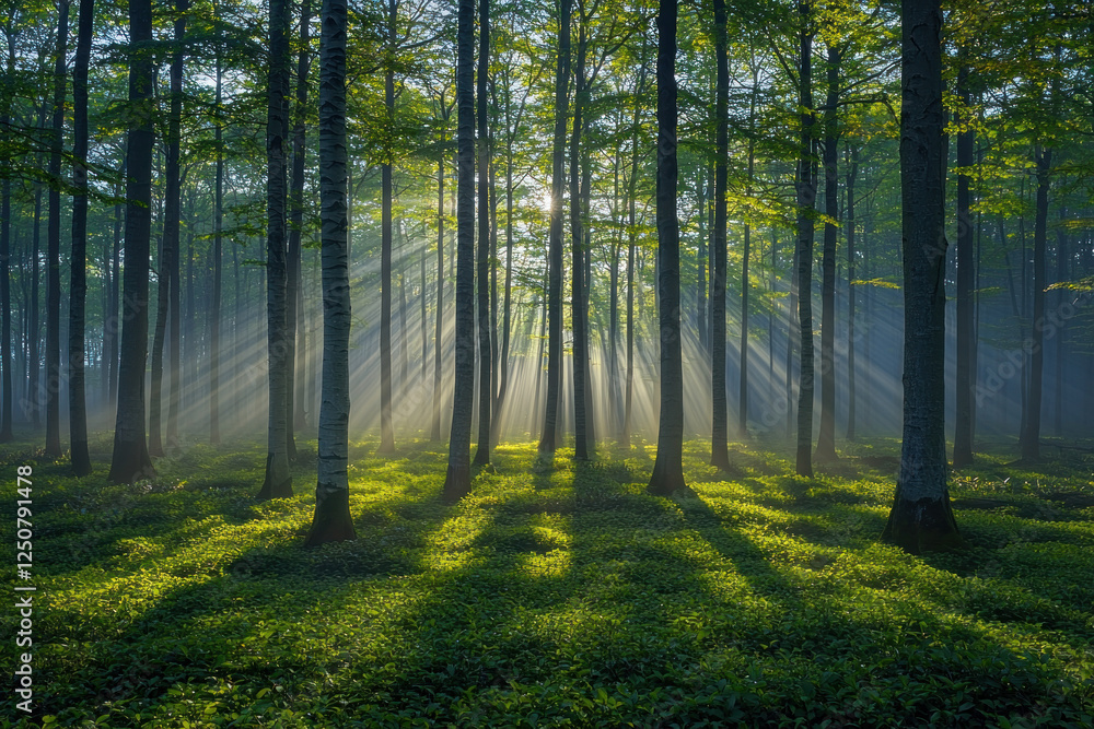 Obraz premium Sunbeams illuminate misty forest floor, creating peaceful nature scene. Ideal for backgrounds