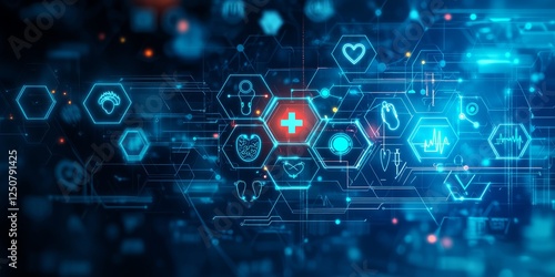 Digital interface featuring abstract health and technology icons with interconnected symbols