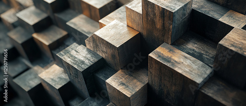 A close-up view of textured wooden blocks creating an intricate pattern. The interplay of light and shadows enhances the visual depth, showcasing the beauty of natural materials.