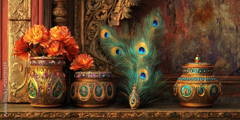 Fototapeta premium Ornate Vessels Flowers and Peacock Feathers Adorn a Rich Setting