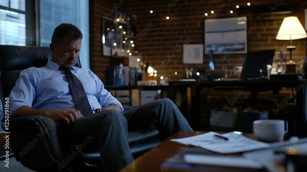 Busy Male Professional Deep in Thought in Modern Office Space : Generative AI Busy Male Professional Deep in Thought in Modern Office Space : Generative AI