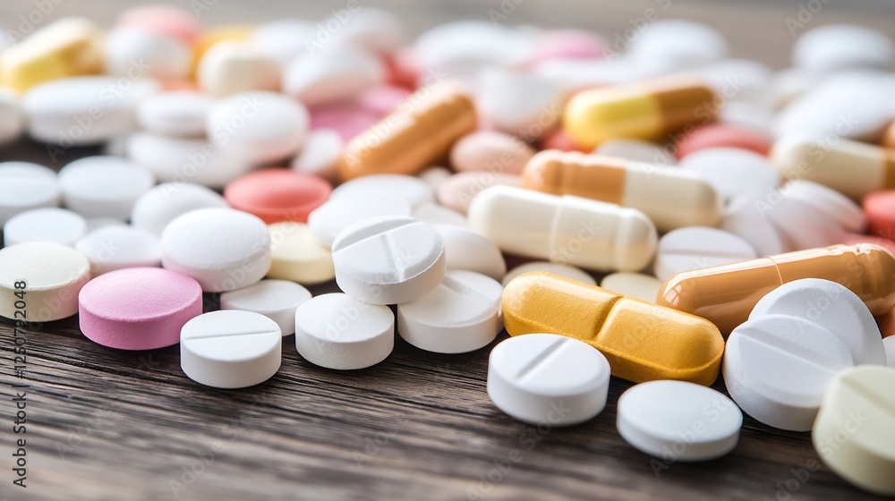 A CloseUp of a Variety of Colorful Pills and Capsules on Wooden Table : Generative AI A CloseUp of a Variety of Colorful Pills and Capsules on Wooden Table : Generative AI