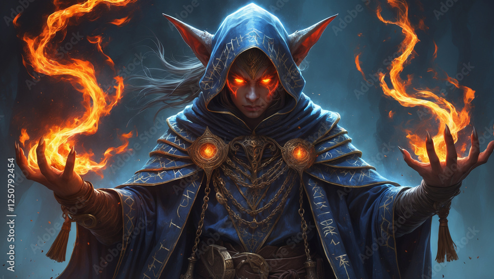 DnDのキャラクター: 強大な闇の魔術師。角を持ち、赤く光る目をしており、手の中で燃え盛る炎を操る。豪華な装飾の施されたローブをまとい、ダークファンタジーの森の中に佇む。 DnDのキャラクター: 強大な闇の魔術師。角を持ち、赤く光る目をしており、手の中で燃え盛る炎を操る。豪華な装飾の施されたローブをまとい、ダークファンタジーの森の中に佇む。