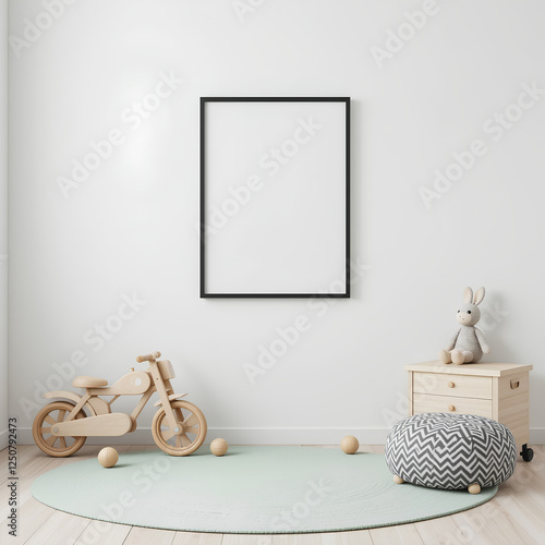 Mock up frame in kids room interior with wooden toys, stuffed rabbit, and scandinavian style decor – 3D render illustration