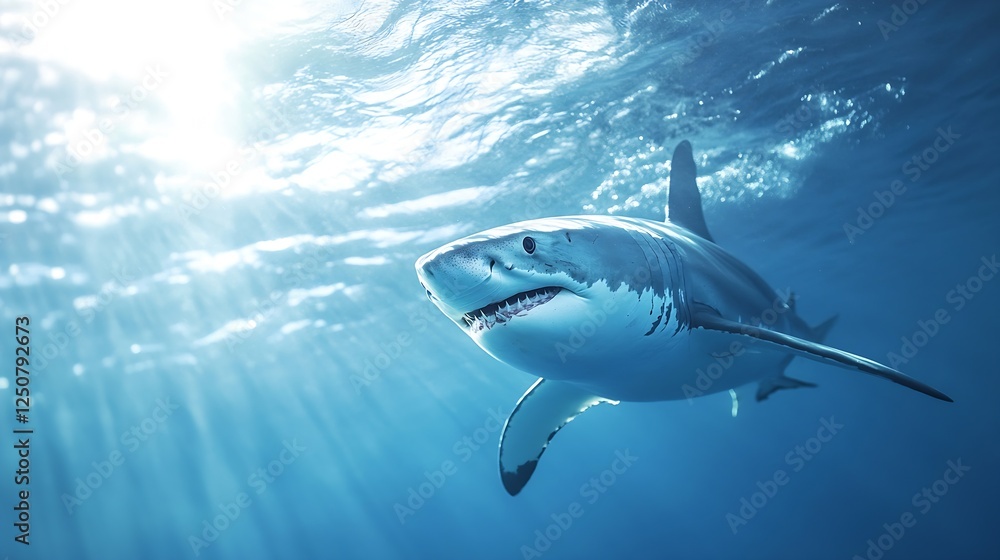 Fototapeta premium Majestic Shark Swimming Gracefully Through Blue Waters With Sun Rays Illuminating Its Path : Generative AI