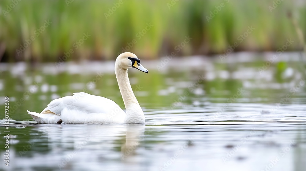 Graceful swan gliding through clear waters reflecting lush green surroundings : Generative AI Graceful swan gliding through clear waters reflecting lush green surroundings : Generative AI