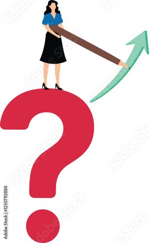 Problem solving programs and guides to solving business, career path and decision making problems, businesswomen take a pencil to the question mark and draw a path in a forward direction