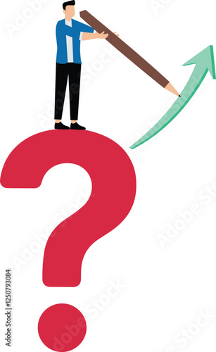 Problem solving programs and guides to solving business, career path and decision making problems, businessmen take a pencil to the question mark and draw a path in a forward direction