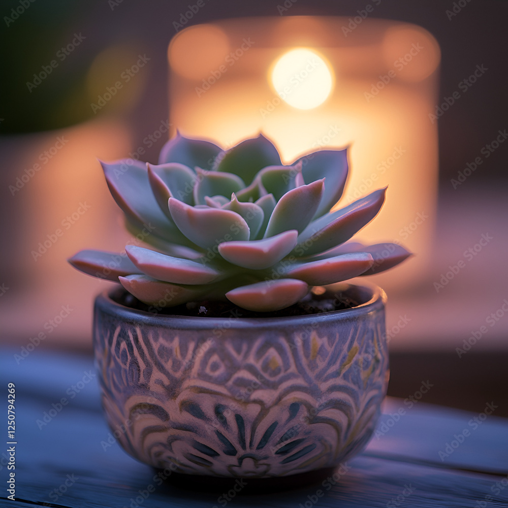Succulent Serenity: A delicate succulent in an ornate pot glows softly in the warm light of a candle, creating a tranquil and serene atmosphere. Succulent Serenity: A delicate succulent in an ornate pot glows softly in the warm light of a candle, creating a tranquil and serene atmosphere.