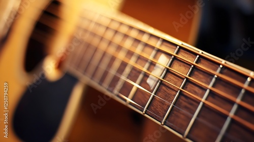 Macro shot of a beautifully crafted acoustic guitar showcasing its strings and wood grain : Generative AI photo