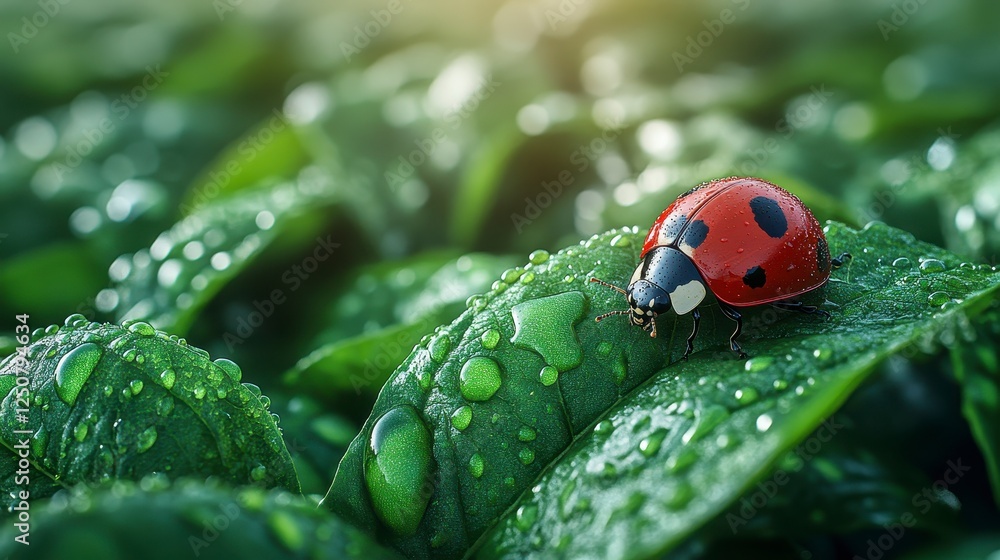 Ladybug on dew-covered leaf, green plants background, nature closeup Ladybug on dew-covered leaf, green plants background, nature closeup