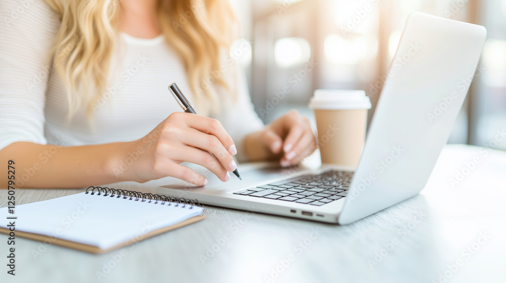 Fototapeta premium Woman Using Laptop with Notebook and Coffee Cup in Bright Modern Workspace Interior