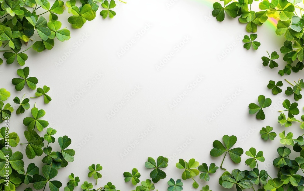 Minimalistic soft white background with a delicate rainbow and shamrocks in the corners for Saint Patricks Day, with space for text Minimalistic soft white background with a delicate rainbow and shamrocks in the corners for Saint Patricks Day, with space for text