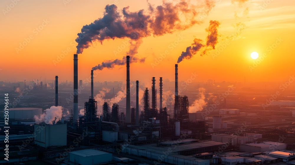 Industrial skyline at sunrise, smoke billowing from factories, urban landscape emitting pollution, environmental impact theme. Industrial skyline at sunrise, smoke billowing from factories, urban landscape emitting pollution, environmental impact theme.