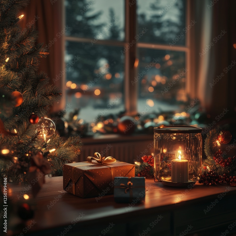 Cozy Christmas Atmosphere with Lights and Decorations in Room Cozy Christmas Atmosphere with Lights and Decorations in Room