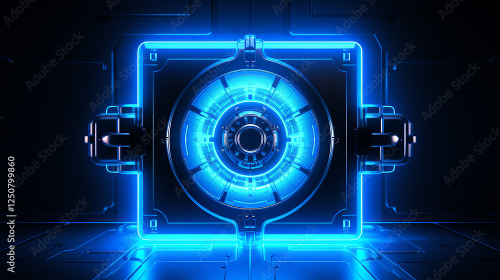 Obraz premium A high-tech digital safe with glowing blue lights, showcasing advanced security features. Ideal for themes of innovation, safety, and modern technology in various projects.
