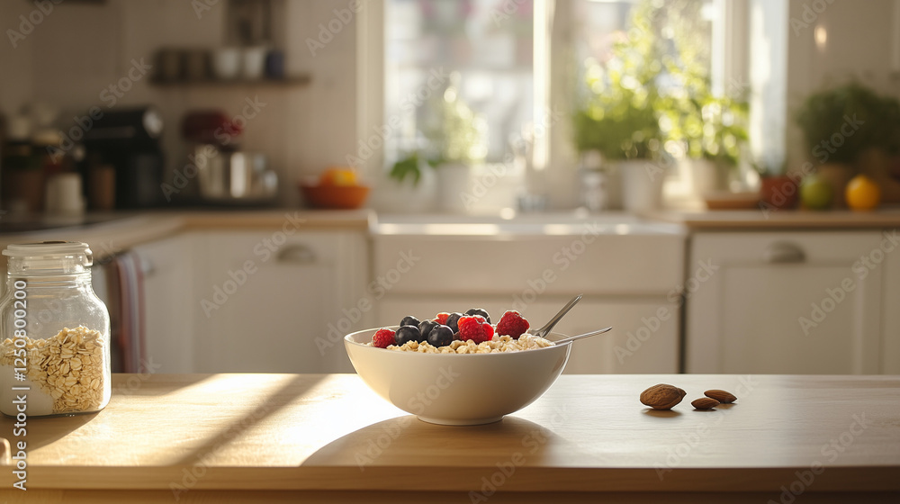 Bowl of oatmeal with berries on kitchen counter Bowl of oatmeal with berries on kitchen counter