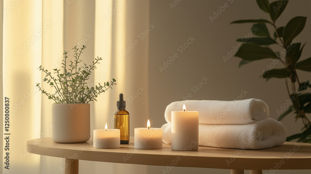 Relaxing spa setup with candles and essential oils on wooden table Relaxing spa setup with candles and essential oils on wooden table