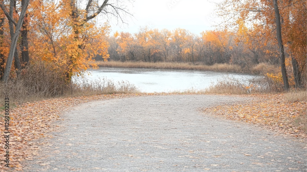 A winding path through autumn foliage leading to a serene water body. A winding path through autumn foliage leading to a serene water body.