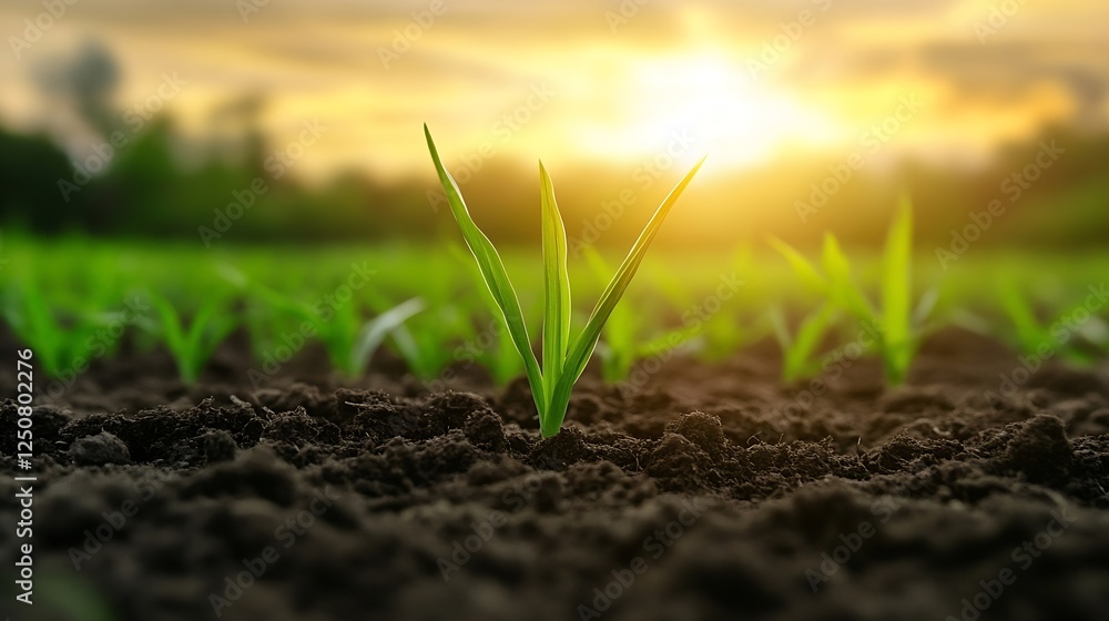Fresh green sprouts growing out of dark soil under a vibrant sunset providing hope for agricultural growth : Generative AI Fresh green sprouts growing out of dark soil under a vibrant sunset providing hope for agricultural growth : Generative AI