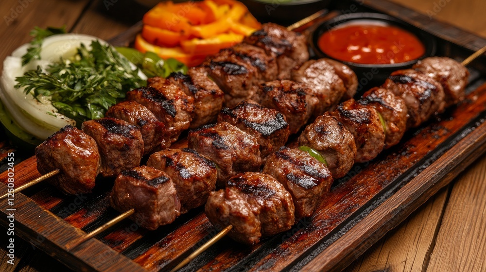 Over hot coals, succulent shashlik skewers are expertly cooked. Over hot coals, succulent shashlik skewers are expertly cooked.