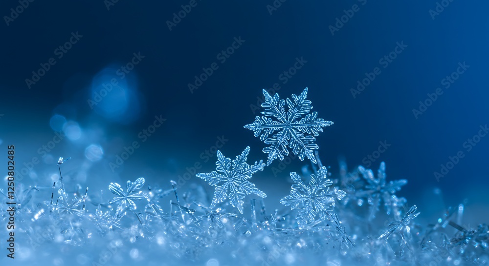 Fototapeta premium Macro shot of blue snowflakes, winter season