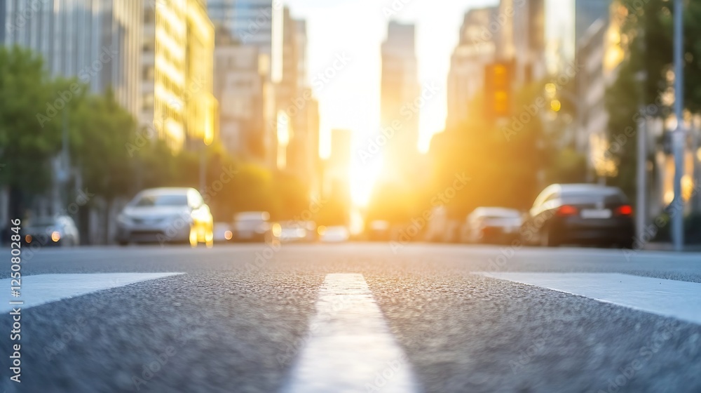 Blurry sunset view from a city street with cars and tall buildings illuminated by warm evening light : Generative AI Blurry sunset view from a city street with cars and tall buildings illuminated by warm evening light : Generative AI