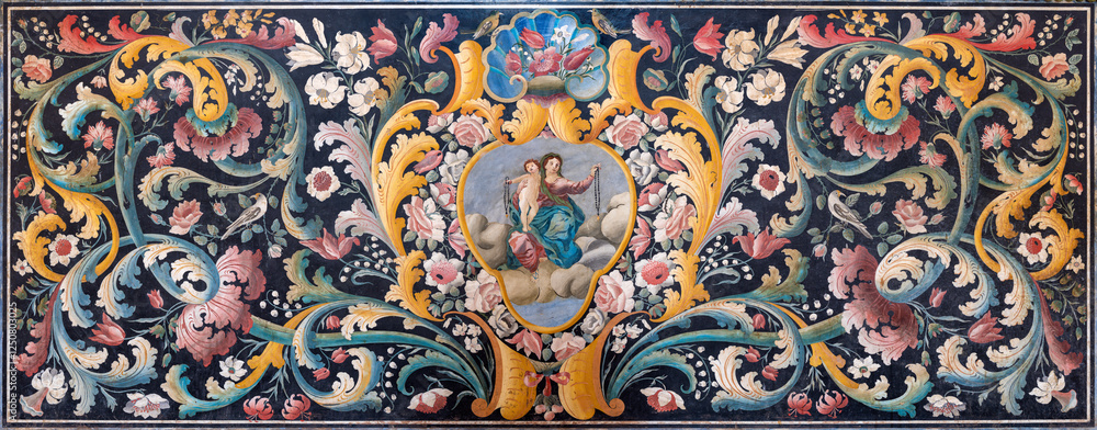 PERUGIA, ITALY - MAY 15, 2024: The stone baroque mosaic (pietra dura) with the Madonna in the church Chiesa di San Domenico PERUGIA, ITALY - MAY 15, 2024: The stone baroque mosaic (pietra dura) with the Madonna in the church Chiesa di San Domenico